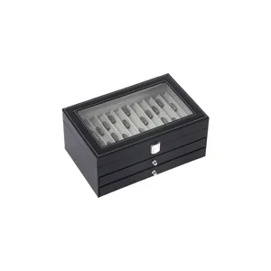 Caja de almacenamiento de cuero PU negro con tapa de cristal y dos cajones para bolígrafos.