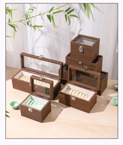 Juwelen opbergdoos met houten look en glazen deksel, multi-slot jade armband display doos.