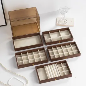 Stackable walnut wood jewelry storage box with velvet lining, multi-layer drawer organizer.