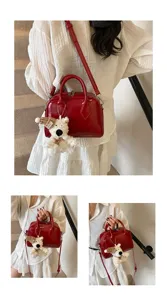 Red patent leather shoulder bag stylish cross body handbag with cute bear pendant for women