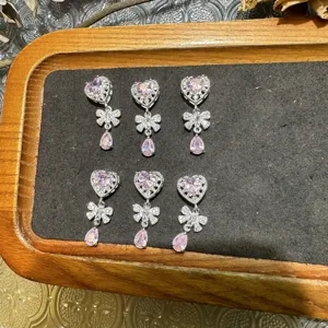 DIY pink zircon heart bow charm connector for handmade crystal bracelet jewelry making