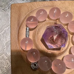 Rose quartz crystal beads with Tibetan silver jewelry accessories detail shot for crafting