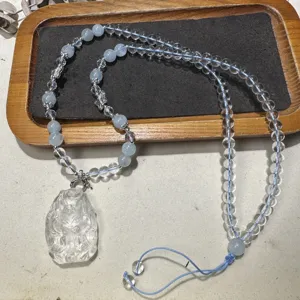 Hand carved white crystal fox pendant necklace with clear beaded chain for women daily wear.