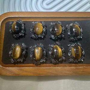 Natural Yellow Tiger Eye Stone Cabochon Pendant DIY Bracelet Necklace Copper Mount Crystal Jewelry Making Component