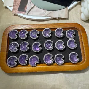 Detailed view of natural amethyst crescent crystal cabochons with sparkling rhinestone borders.