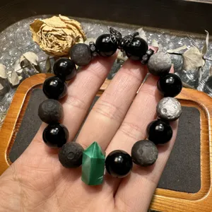Natural Malachite Obsidian Beaded Bracelet Rhinestone Butterfly Charm Vintage Crystal Jewelry Gift For Women
