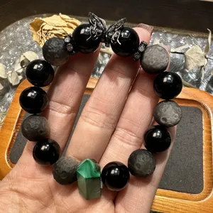 Natural obsidian and malachite beaded bracelet with butterfly charm for women daily fashion jewelry