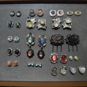 Vintage gemstone cabochon copper settings DIY jewelry accessories assorted stones set