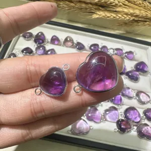 Natural Brazilian Amethyst Crystal Heart Pendants Copper Wrapped Double Loop DIY Jewelry Making Charms Findings