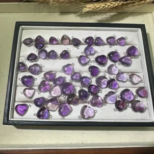 Natural Brazilian amethyst heart double loop connector jewelry DIY accessories detail view.