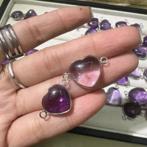 Natural Brazilian amethyst heart double loop connector DIY jewelry making accessory