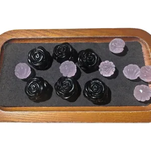 Natural obsidian crystal carved rose flower beads through hole diy jewelry making accessories