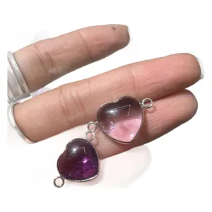 Natural Brazilian amethyst heart shaped DIY jewelry connector double loop copper wrapped charm