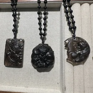 Handmade Natural Smoky Quartz Obsidian Nine-Tailed Fox Pendant Necklace Adjustable Bead Chain Fashion Jewelry Gift