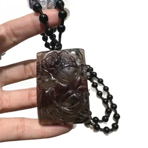 Handcrafted smoky quartz nine-tailed fox pendant necklace with black beaded chain for women.