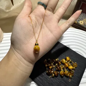Natural Tiger Eye Stone Gourd Pendant Necklace Fine Gold Color Chain DIY Jewelry Accessories