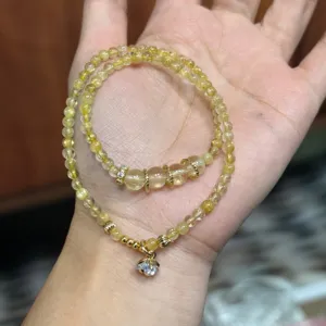 Natural yellow crystal golden rutilated quartz multi-wrap bracelet for women chic jewelry detail