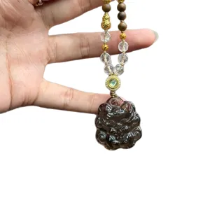 Natural smoky quartz cute fox pendant necklace with wooden beads and crystal accents for women.