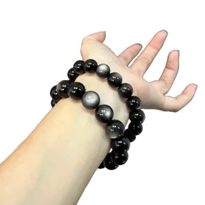 Natural obsidian gemstone beaded double bracelet with cat's eye shine for women and men daily wear.