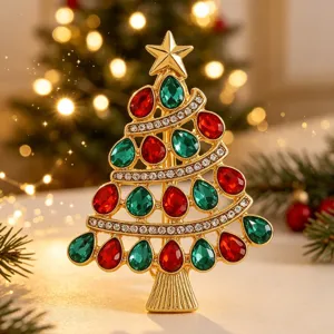 Christmas tree rhinestone brooch pin, vintage crystal lapel pin for women holiday accessory.