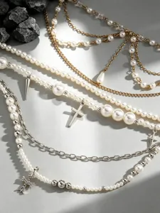 Meerlaagse parel kruis broekketting retro klinknagel straat subcultuur accessoire