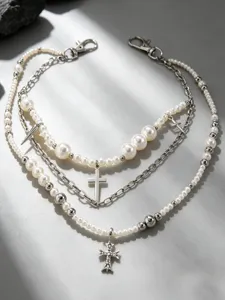 Meerlagige parel kruis broekketting, retro punk metalen hiphop straatstijl taille accessoire.