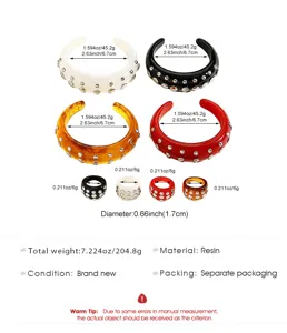 Punk style resin studded bracelets and rings set with detailed size and weight specs.