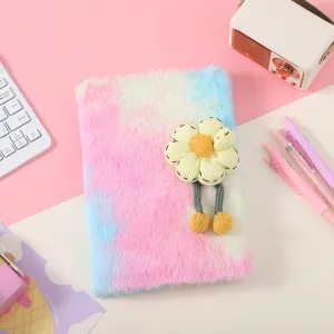 Carino quaderno soffice con girasole 3D, copertina in peluche tie-dye cancelleria estetica.