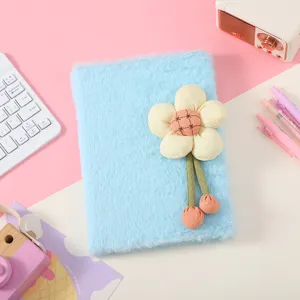 Simpatico taccuino soffice blu con decorazione in peluche girasole 3D per regalo ragazze.