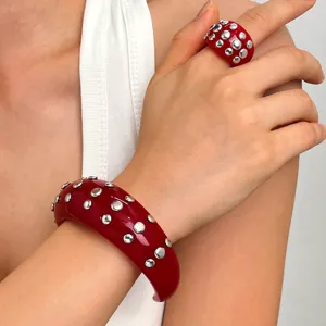 Punk style red resin chunky bangle and ring set with silver tone studs for women.