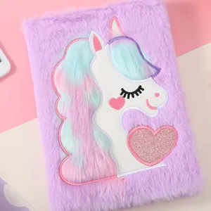 Cute fluffy unicorn notebook detail shot, pastel macaron color plush diary for students and office.