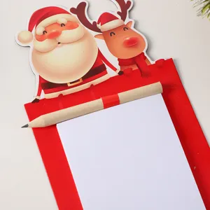 Christmas notepad set with wooden pencil, cute cartoon Santa and reindeer design for holiday notes.