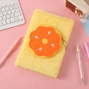 Süßes flauschiges gelbes Notizbuch mit Orangentasche,weiches Plüschtagebuch für Kinder.