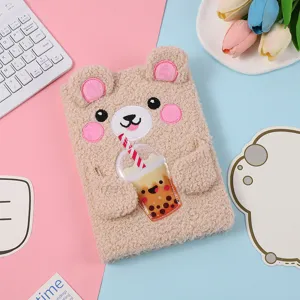 Cute plush bear notebook with boba tea pocket, soft memo pad for kids daily writing gifts.