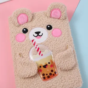 Cute plush bear notebook with boba tea design, soft fuzzy diary for kids, daily memo notepad.