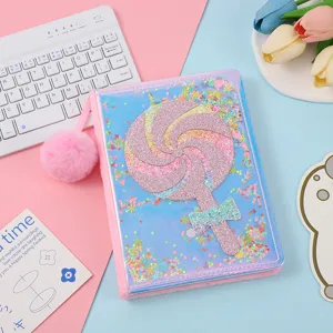 Glittering sequin A5 notebook with cute lollipop design and fluffy plush pendant for students.