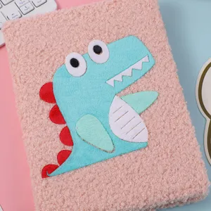 Cute plush dinosaur notebook detail view, soft fluffy cover diary for students and journal writing.