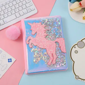 Cute glitter unicorn notebook with pom-pom pendant, A5 pink fluffy diary for kids and students.