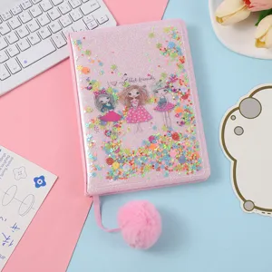 Cute glitter A5 notebook with fluffy pom pom bookmark and lovely cartoon girls design for kids.