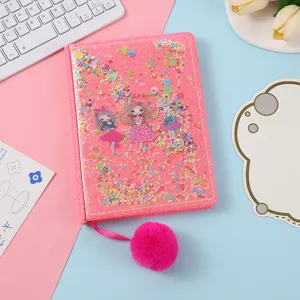 Pink glitter A5 notebook with cute cartoon girls and plush pompom, perfect for daily journal.