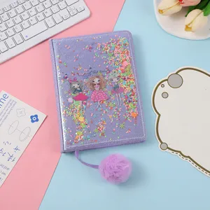 Cute A5 glitter notebook with plush ball pendant, cartoon girls pattern for students and kids.