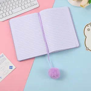 Purple glitter A5 lined notebook with fluffy pom pom ribbon bookmark for students and kids.