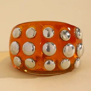 Amber resin punk rivet wide bangle bracelet, stylish retro metallic studs open cuff jewelry.