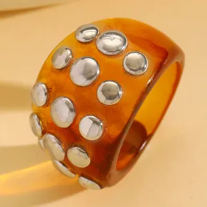 Amber resin ring with silver metal studs, punk style wide statement ring for fashion women.