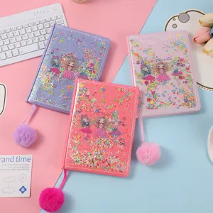 Cute A5 glitter sequin student notebook with plush ball bookmark, cartoon design notepad.