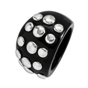Punk style wide resin ring with silver metal dome studs, statement fashion jewelry accessory.