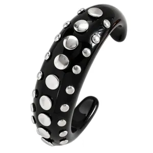 Punk style black resin cuff bracelet with silver studs fashion open metal ring accessory details