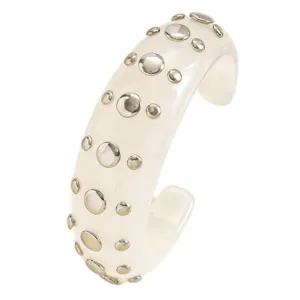 Punk style resin cuff bracelet with metal dome studs, fashionable open double-row bangle.