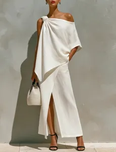 Elegant white one-shoulder knot top and front slit skirt set for women stylish daily wear.