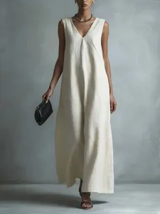 Detailed view of a stylish white sleeveless V-neck maxi dress, perfect for spring and summer.
